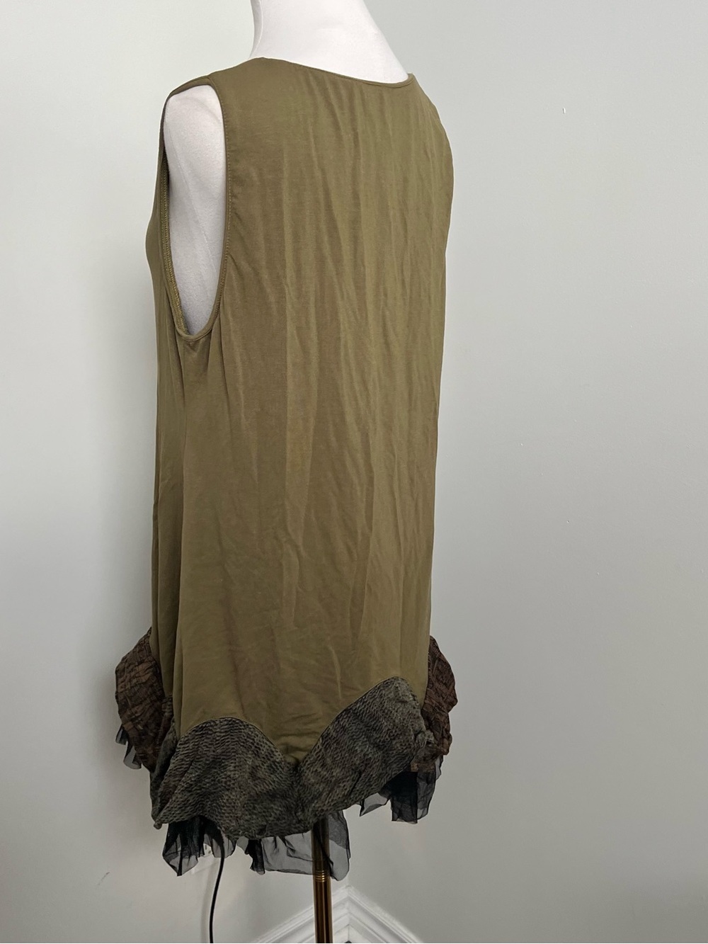 Olive Boho Tunic Dress Patchwork Ruffle Hem Fairycore Flowy 2 - Picture 6 of 7